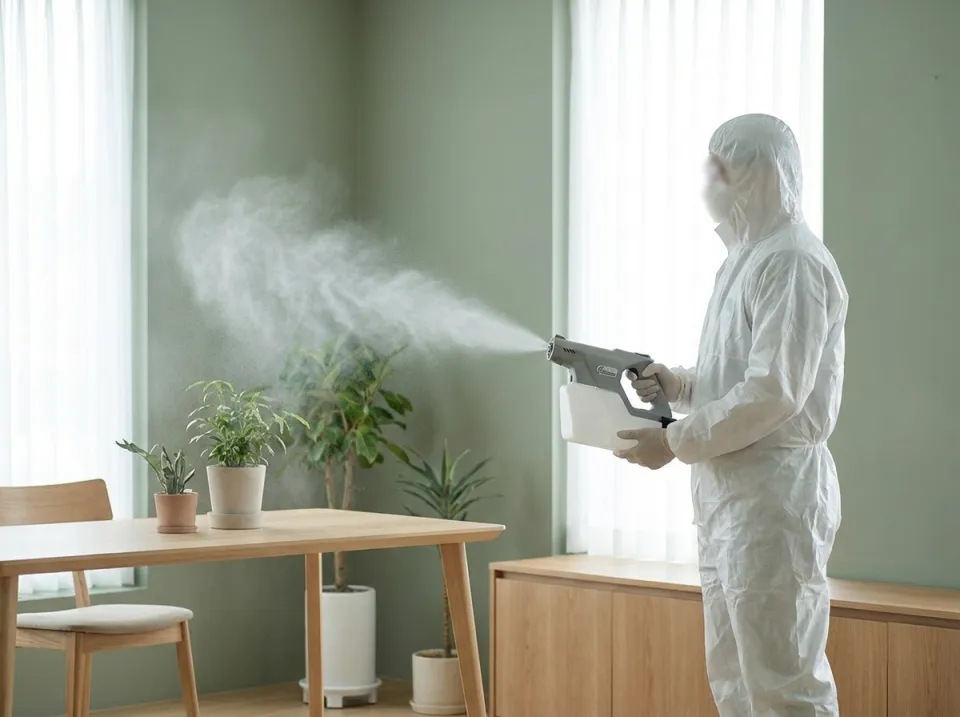 Tecnico sanifica un ambiente interno con nebulizzatore professionale